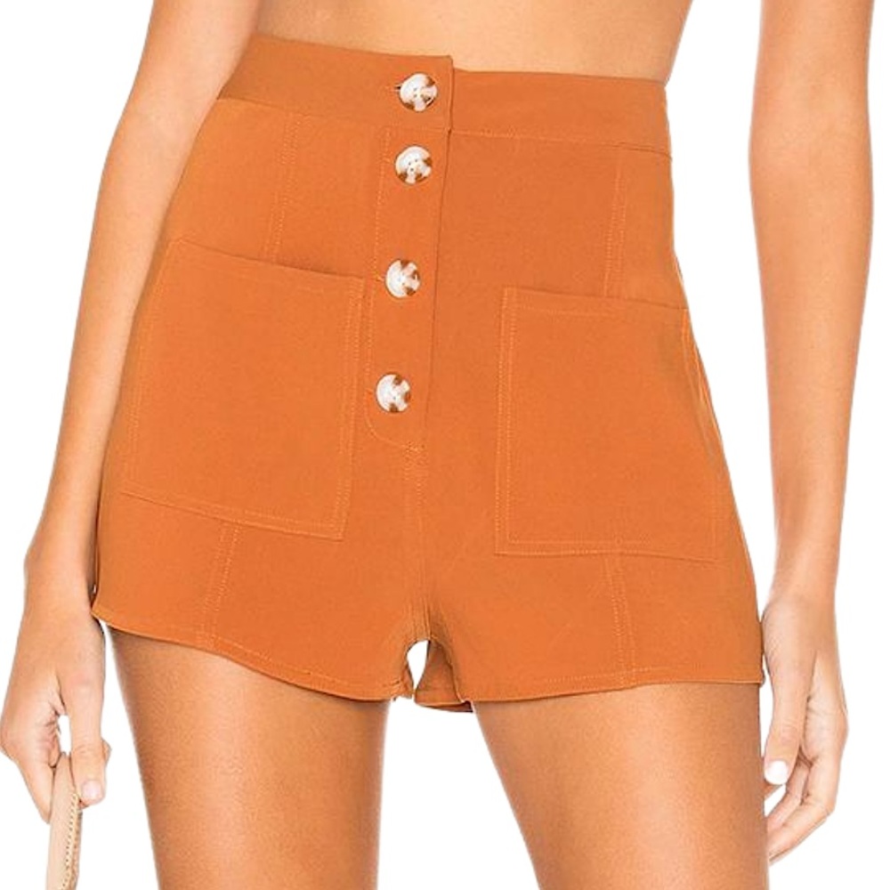 Tularosa Tate Shorts in Rust Burnt Orange High Waist Button Front Silky Shorts